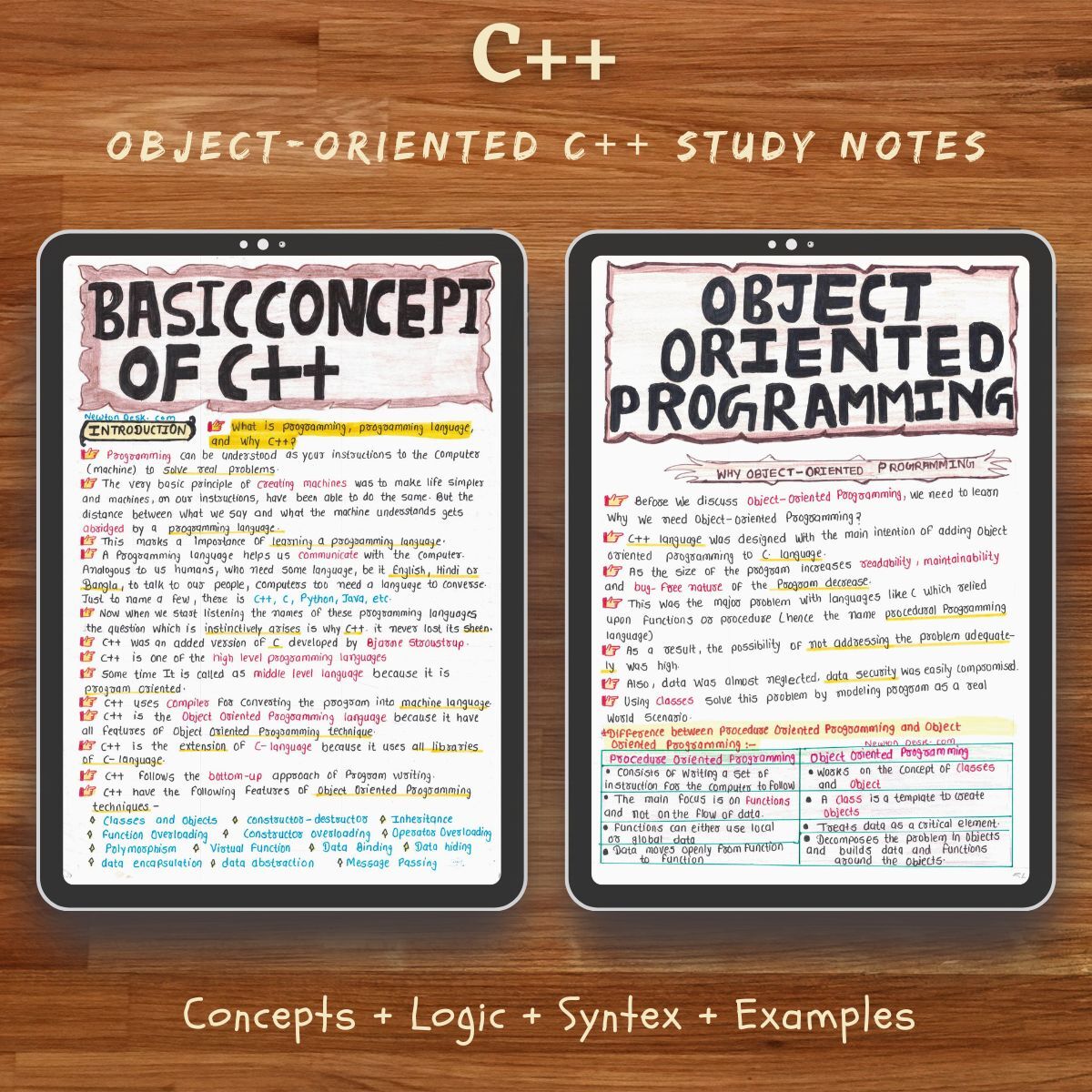 colorful real handwritten study notes sample pages of cpp plus plus programming language showing in ipad for computer science engineering students for GATE and other competitive exam preparation