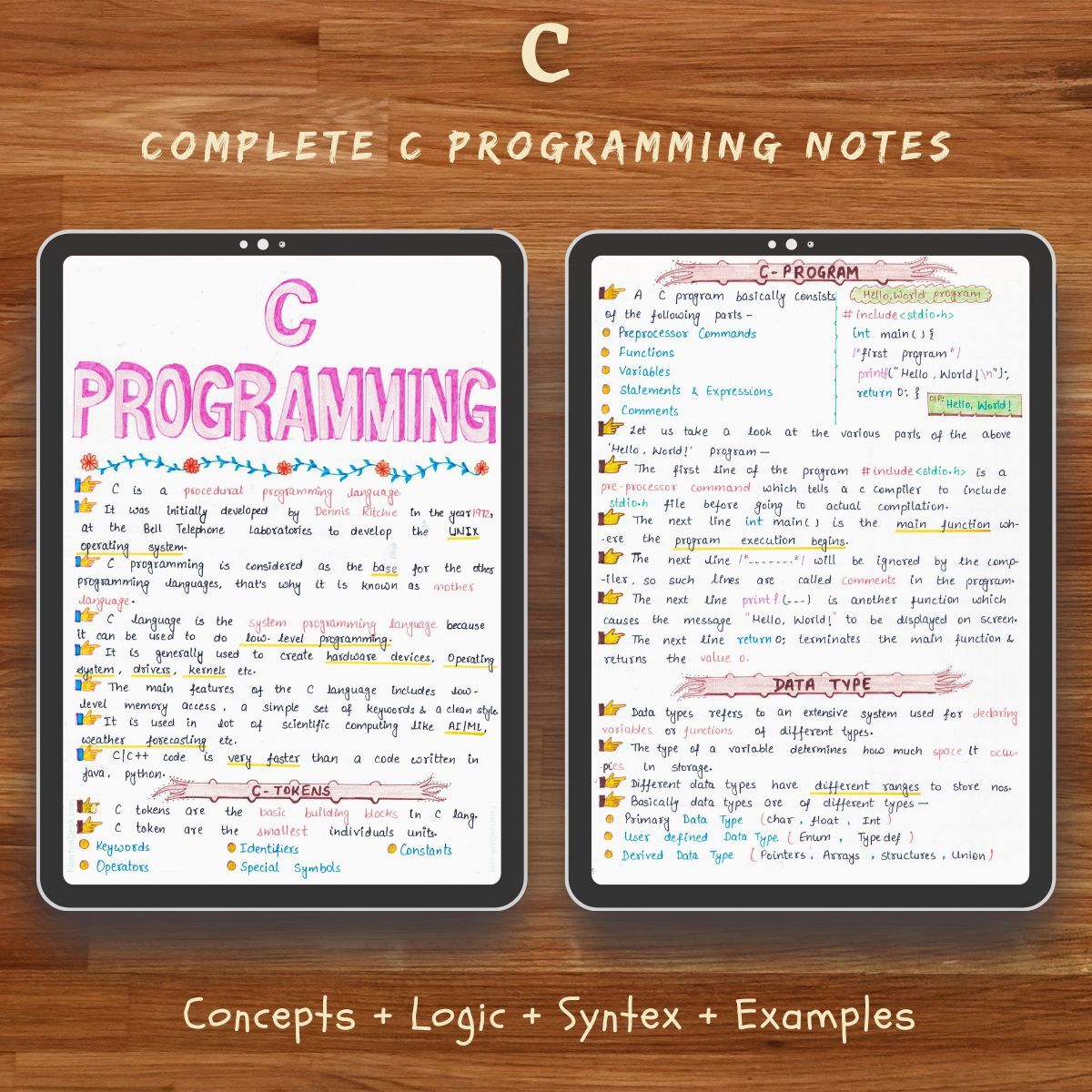colorful real handwritten study notes sample pages of c programming language showing in ipad for computer science engineering students for GATE and other competitive exam preparation