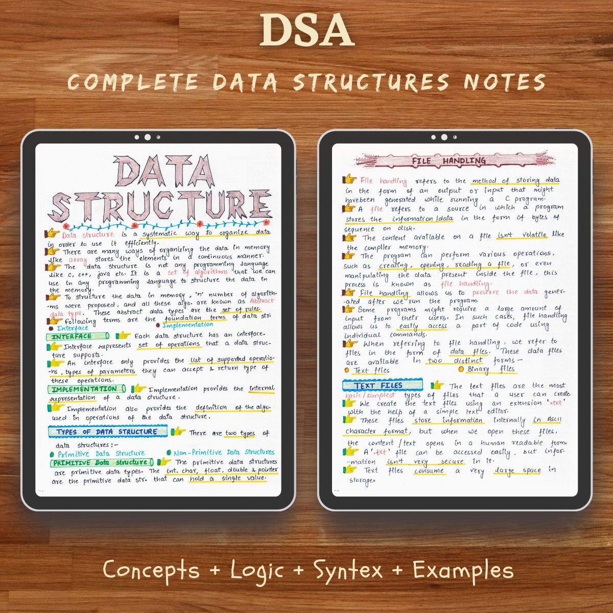 colorful real handwritten study notes sample pages of data structures algorithms programming showing in ipad for computer science engineering students for GATE and other competitive exam preparation