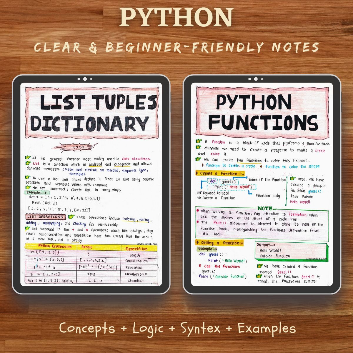 colorful real handwritten study notes sample pages of python programming showing in ipad for computer science engineering students for GATE and other competitive exam preparation