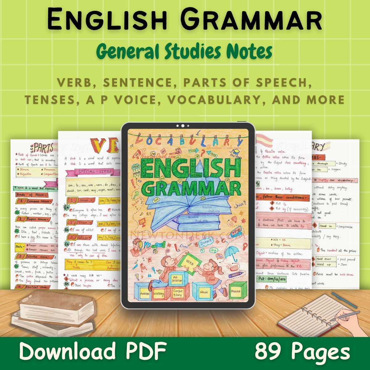english grammar color study notes pdf first front green page