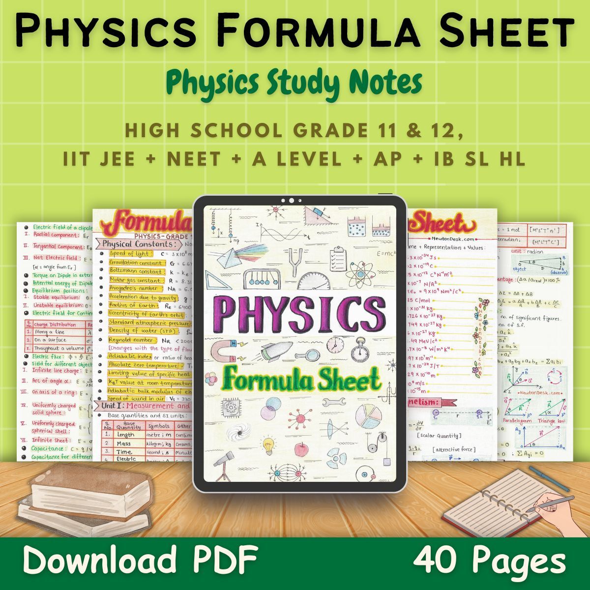 Physics formula sheet for high school grade 11 12 pdf first front green cover page