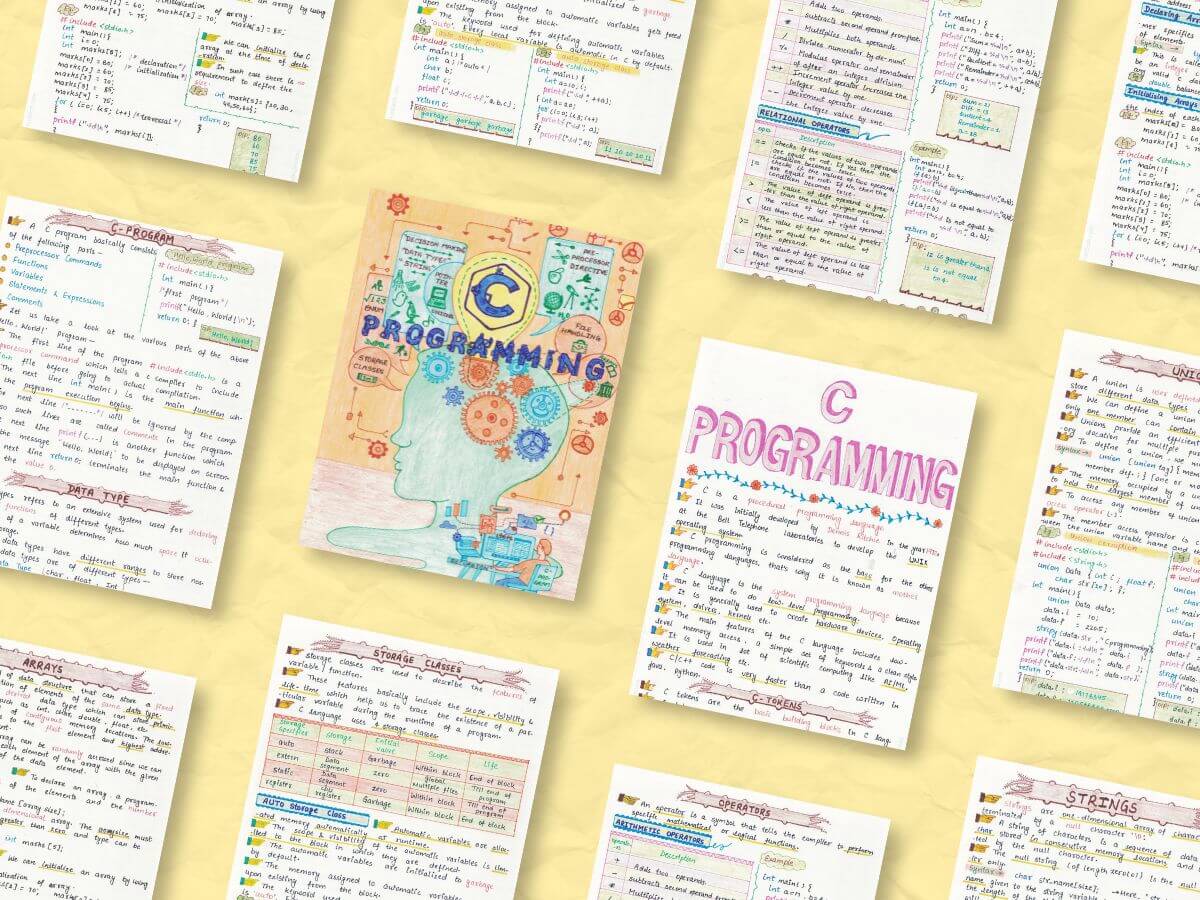 some aesthetic c language programming study notes pages showing inclined with light yellow color background