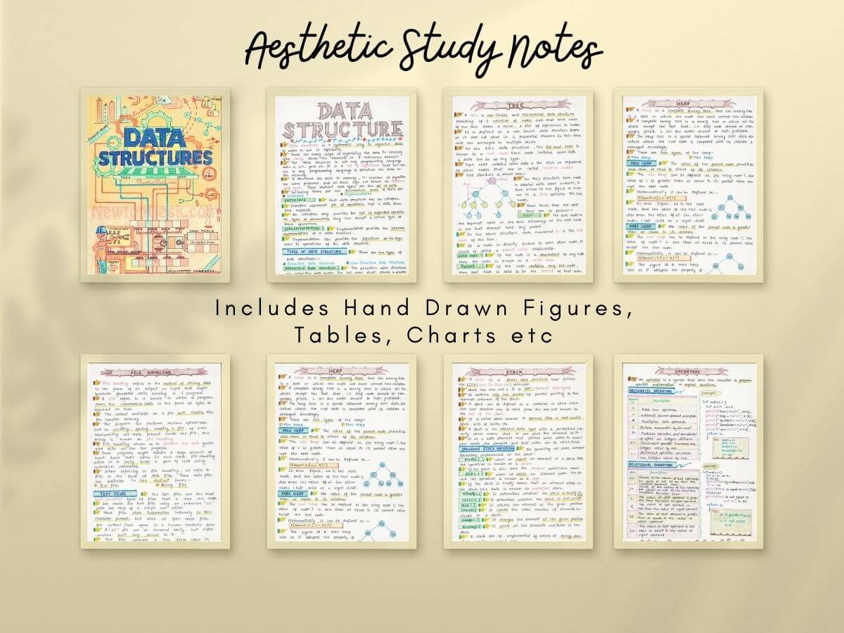 some aesthetic data structures algorithms study notes pages showing horizontal with cream color background