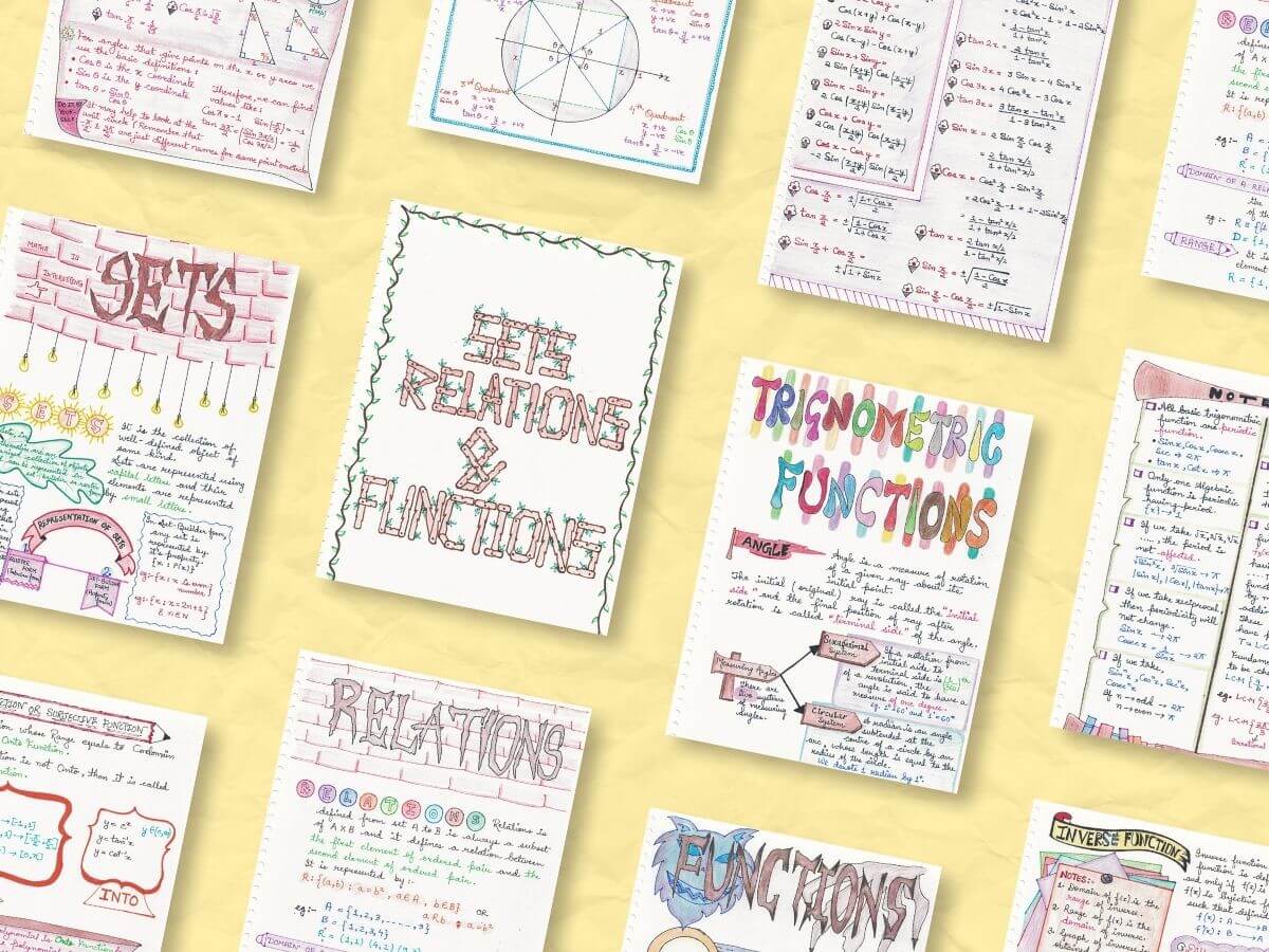 some aesthetic sets relations and functions mathematics math study notes demo pages showing inclined with light yellow color background